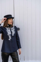 Denim jacket white flower lace