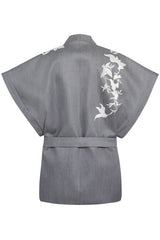 Grey kimono white flower cape