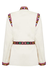 White jacket multi colour detail front tie