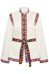 White jacket multi colour detail front tie