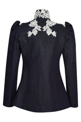Denim jacket white flower lace