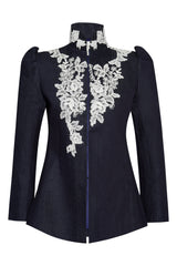 Denim jacket white flower lace