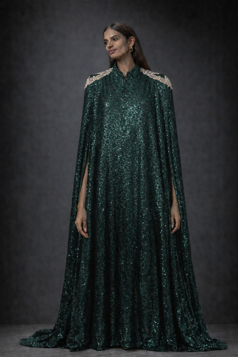 Emerald Sequin Cape Large Length 27.5 inches