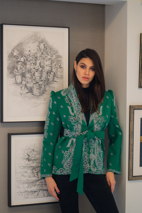 Emerald Green Bandana Belted Cardigan