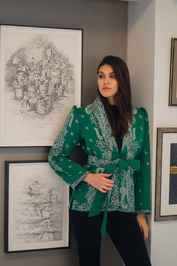 Emerald Green Bandana Belted Cardigan
