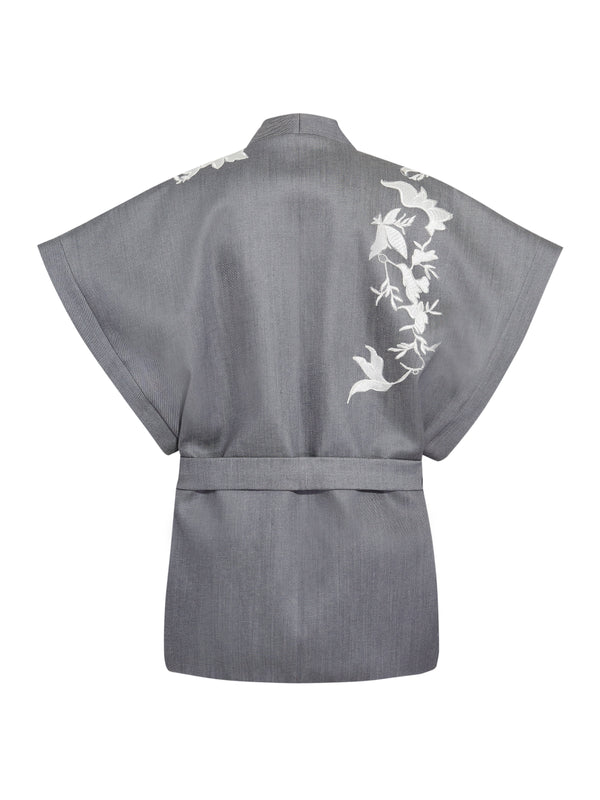 Grey kimono white flower cape