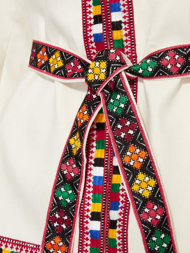 White jacket multi colour detail front tie